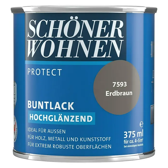 SCHÖNER WOHNEN-Farbe Protect Buntlack - Erdbraun, Hochglänzend, 375 ml, Lösemittelbasiert - Dose Schöner Wohnen Buntlack Protect in Erdbraun (7593), hochglänzend, ideal für Holz, Metall und Kunststoff im Außenbereich.
