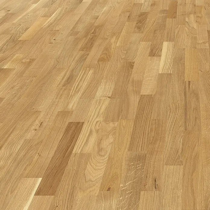Living by Haro Parkettmuster Eiche Naturöl - 290 x 180 x 12 mm, Schiffsboden - Nahaufnahme eines hellen, geölten Eichenparkettbodens mit sichtbarer Holzmaserung, der eine warme und natürliche Atmosphäre ausstrahlt.