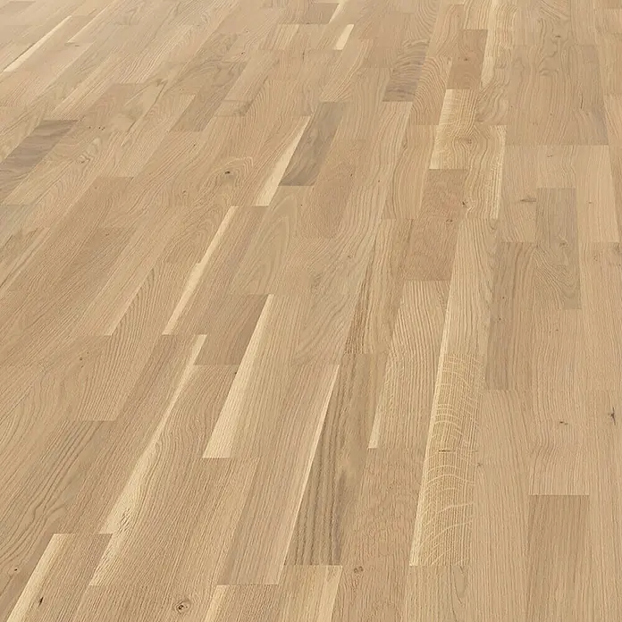 Living by Haro Parkettmuster Eiche Weiß Naturöl - 290 x 180 x 12 mm, Schiffsboden - Dieses Bild zeigt einen Holzboden mit einem schönen Muster und einer warmen Farbgebung, ideal für Wohnräume.