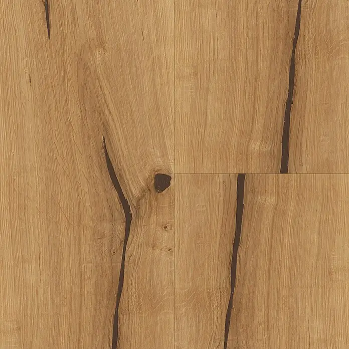 Living by Haro Parkettmuster Eiche Nevada Naturöl - 290 x 180 x 12 mm, Landhausdiele - Nahaufnahme von Laminatboden in Holzoptik mit Astloch und dunklen Rissen für ein authentisches Aussehen.