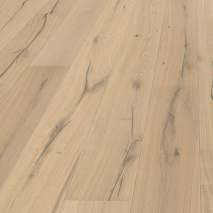 Living by Haro Parkett - Eiche Weiß Nevada Naturöl, Landhausdiele, 2.200 x 180 x 12 mm - Helle Holzbodenfläche mit ausgeprägter Maserung und natürlichen Astlöchern, die dem Boden einen rustikalen und warmen Charakter verleihen.