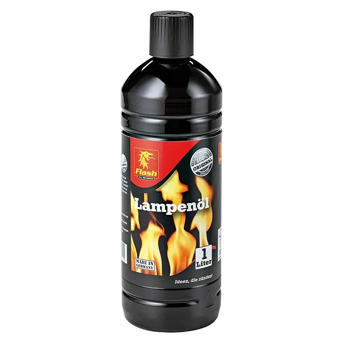 Lampenöl - 1 l - Schwarze 1-Liter-Flasche Lampenöl von Flash All Seasons mit Flammen-Design, ideal für stimmungsvolle Beleuchtung im Innen- und Außenbereich.