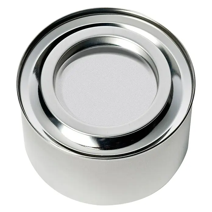 Brennpaste - 200 g - Nahaufnahme einer runden, silberfarbenen Metalldose mit Deckel, ideal für Farben, Lacke oder andere Flüssigkeiten.