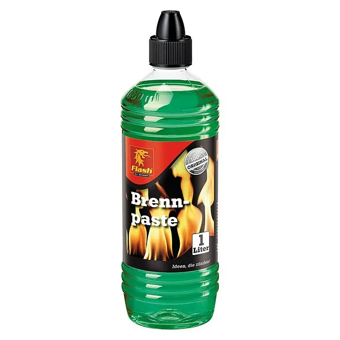Flash Brennpaste - 1 l - Ein Liter Brennpaste von Flash All Seasons im transparenten, grünen Plastikbehälter mit schwarzem Verschluss.