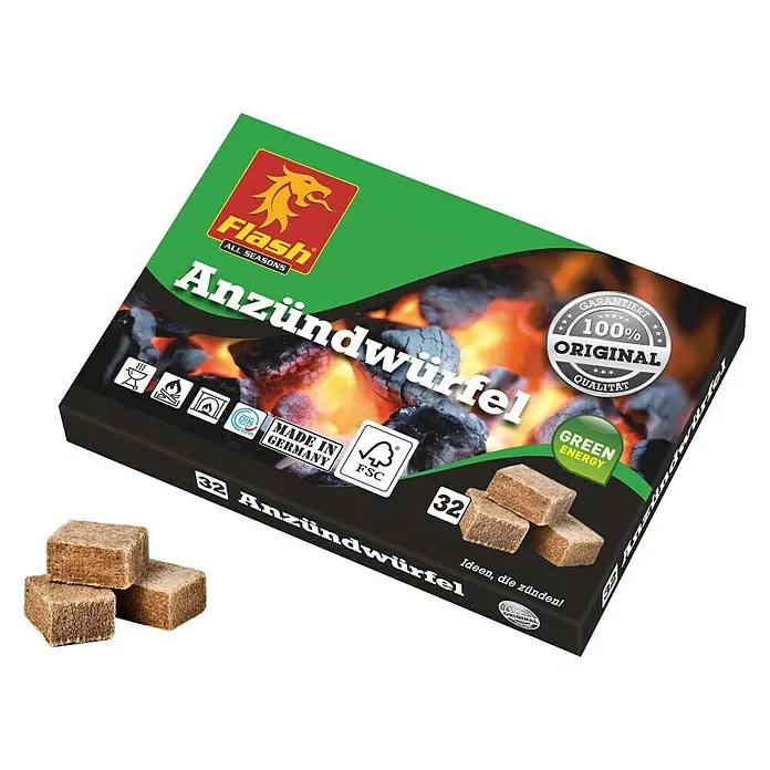 Flash Anzündwürfel - Gesamtumfang: 32 Stk. - Bild einer Packung Flash Anzündwürfel mit 32 Stück, ideal zum Anzünden von Grill und Kamin, hergestellt in Deutschland und zertifiziert mit FSC.