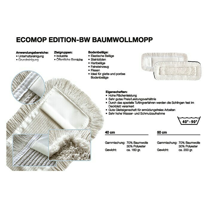 BaumwollmoppMaterial Bezug: 70 % Baumwolle, 30 % Polyester, Breite: 50 cm Front View