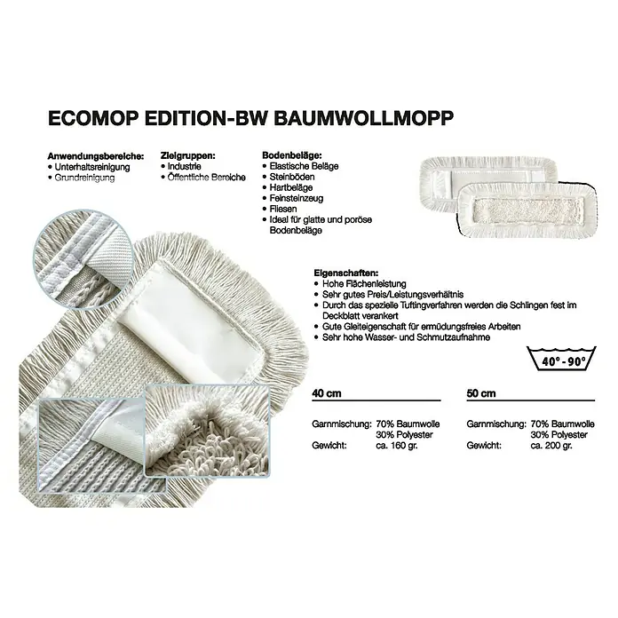 Baumwollmopp - 70 % Baumwolle, 30 % Polyester, Breite: 50 cm - Das Bild zeigt einen ECOMOP EDITION-BW Baumwollmopp in zwei Größen (40 cm und 50 cm), mit Details zu Materialzusammensetzung und Anwendungsbereichen.