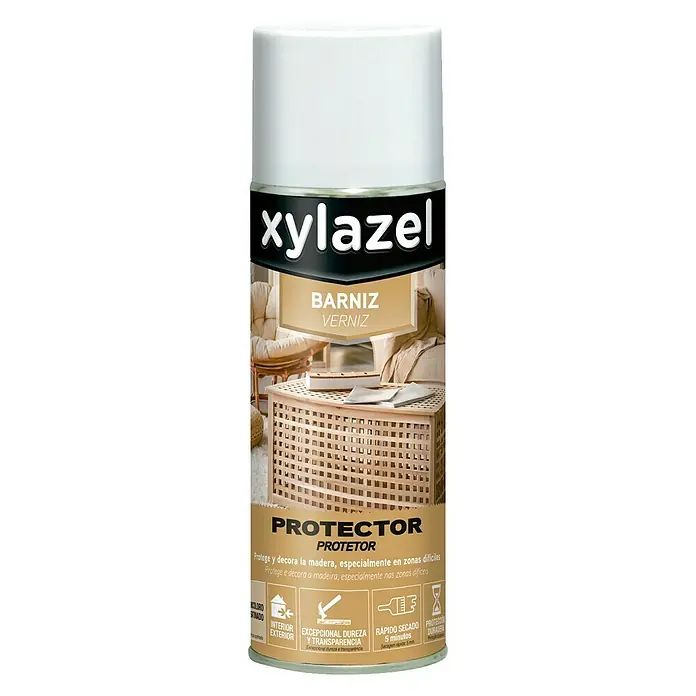 Xylazel Barniz Universal spray - Incoloro, 400 ml, Satinado - Imagen de una lata de barniz para madera Xylazel, protege y decora la madera, especialmente en zonas difíciles.