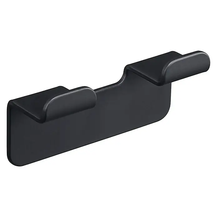 Aquasanit Skyline Black Colgador - 2 ganchos - Este primer plano muestra un elegante gancho de pared negro con dos colgadores, ideal para la organización del baño o la entrada.