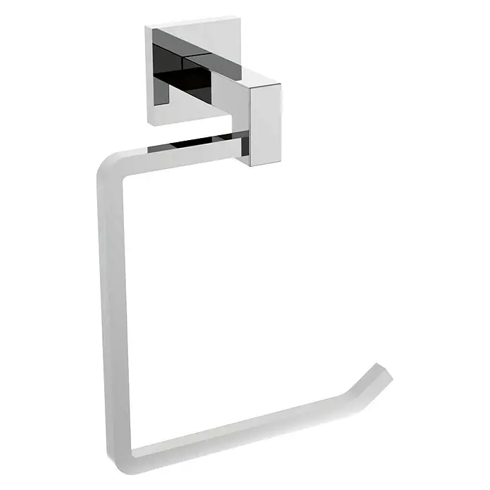 Aquasanit Frame Toallero de anilla - Ancho: 14,8 cm, Cromo - Imagen de un moderno toallero cuadrado cromado montado en una pared blanca, mostrando un diseño minimalista y líneas limpias.