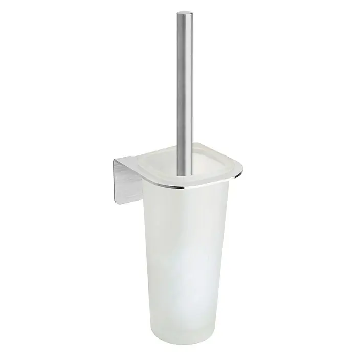Aquasanit Skyline Escobillero - Acero inoxidable, Acero inoxidable - Un moderno portacepillos de baño de pared con un recipiente de vidrio esmerilado y un elegante mango de cepillo plateado.
