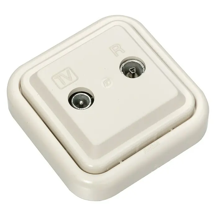 Fontini Kristal Toma TV intermedia - Marfil, Plástico, Montaje en superficie - Primer plano de un conector blanco de TV y radio, detallando puertos y etiquetas.