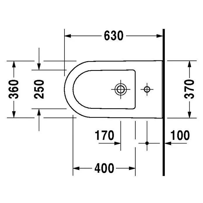 Duravit Darling New Stand-Bidet - 37 x 63 cm, Weiß, Keramik, Mit schmutzabweisender Glasur - Draufsicht des Duravit Wand-Bidet Starck 3 mit Abmessungen für die Badplanung. Ideal für moderne Badezimmer.