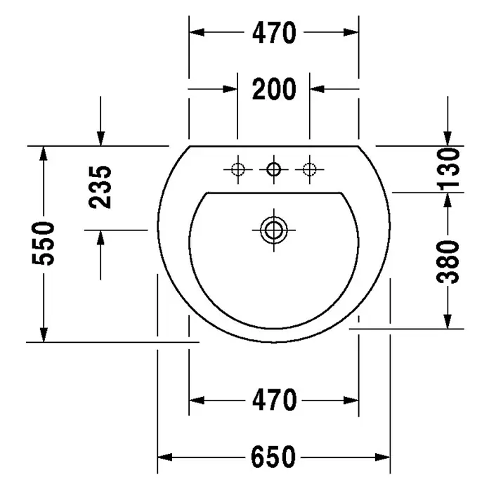 Duravit Darling New Waschtisch - 65 x 55 cm, Mit schmutzabweisender Glasur, Hahnloch: Mitte, Anzahl Hahnlöcher: 1, Weiß - Technische Zeichnung eines Aufsatzwaschbeckens mit Maßangaben für Sanitärinstallationen und Badsanierung.