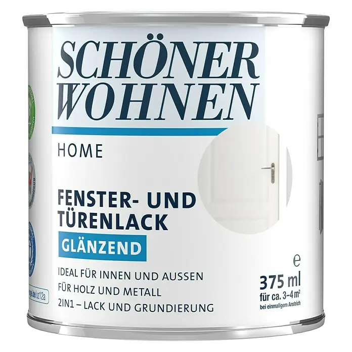 SCHÖNER WOHNEN-Farbe Home Fenster- & Türenlack - Reinweiß, Glänzend, 375 ml, Wasserbasiert - Dose "Schöner Wohnen Home" Fenster- und Türenlack glänzend, 375ml, ideal für Holz und Metall, 2in1 Lack und Grundierung für Innen und Aussen.