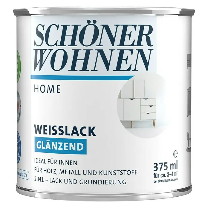 SCHÖNER WOHNEN-Farbe Home Weißlack - Weiß, Glänzend, 375 ml, Wasserbasiert - Weißlack Glänzend von Schöner Wohnen Home, ein weißer Glanzlack für Innenbereiche, ideal für Holz, Metall und Kunststoff, 375 ml Dose.