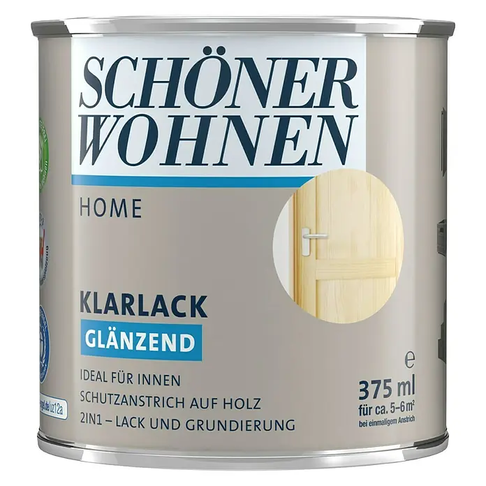 SCHÖNER WOHNEN-Farbe Home Klarlack - Farblos, Glänzend, 375 ml, Wasserbasiert - Dose Schöner Wohnen Home Klarlack glänzend, 375ml, ideal für Innen, Schutzanstrich auf Holz, 2in1 Lack und Grundierung.