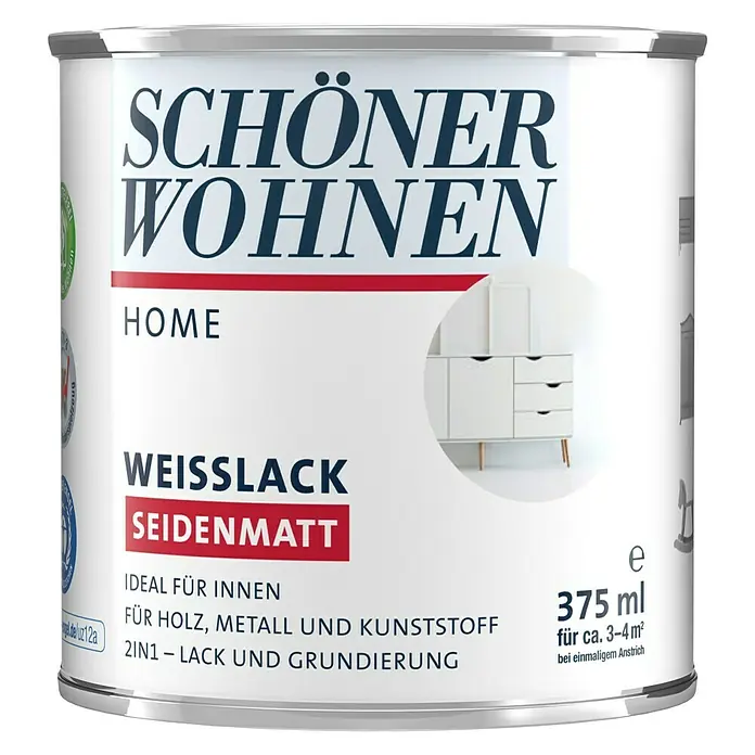 SCHÖNER WOHNEN-Farbe Home WeißlackReinweiß, Seidenmatt, 375 ml, Wasserbasiert - Farbdose "Schöner Wohnen Home Weisslack Seidenmatt" mit 375 ml Inhalt für Holz, Metall und Kunststoff.