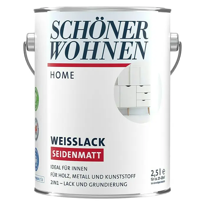 SCHÖNER WOHNEN-Farbe Home WeißlackReinweiß, Seidenmatt, 2,5 l, Wasserbasiert - Dose Schöner Wohnen Home Weißlack Seidenmatt 2in1 Lack und Grundierung für Holz, Metall und Kunststoff, 2,5l für ca. 21-25m².