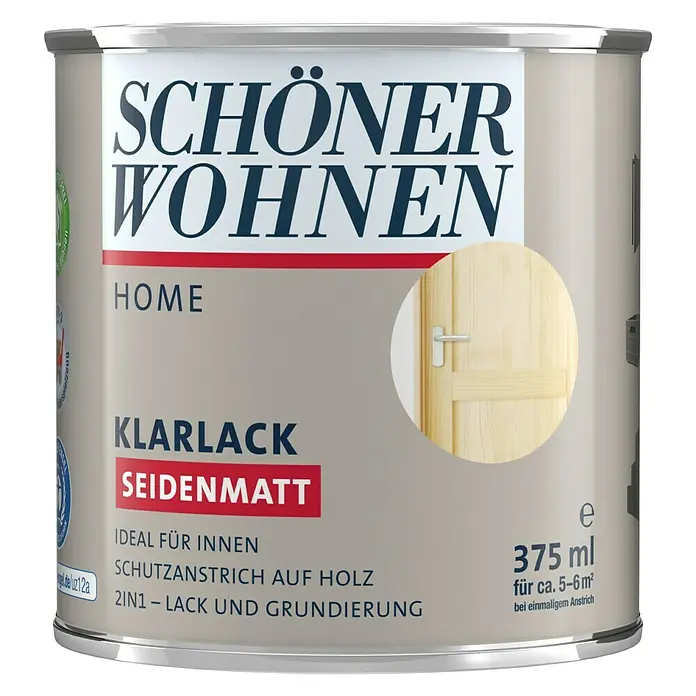 SCHÖNER WOHNEN-Farbe Home Klarlack - Farblos, Seidenmatt, 375 ml, Wasserbasiert - Abbildung einer Dose "Schöner Wohnen Home Klarlack Seidenmatt", ein klarer Lack für den Innenbereich mit Holzschutzanstrich und Grundierung.