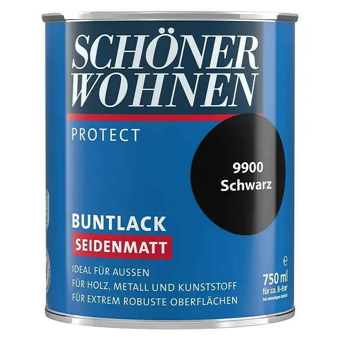 SCHÖNER WOHNEN-Farbe Protect Buntlack - Schwarz, Seidenmatt, 750 ml, Lösemittelbasiert - Dose „Schöner Wohnen Protect Buntlack Seidenmatt“ in Schwarz (9900), ideal für Holz, Metall & Kunststoff, für robuste Oberflächen im Außenbereich.