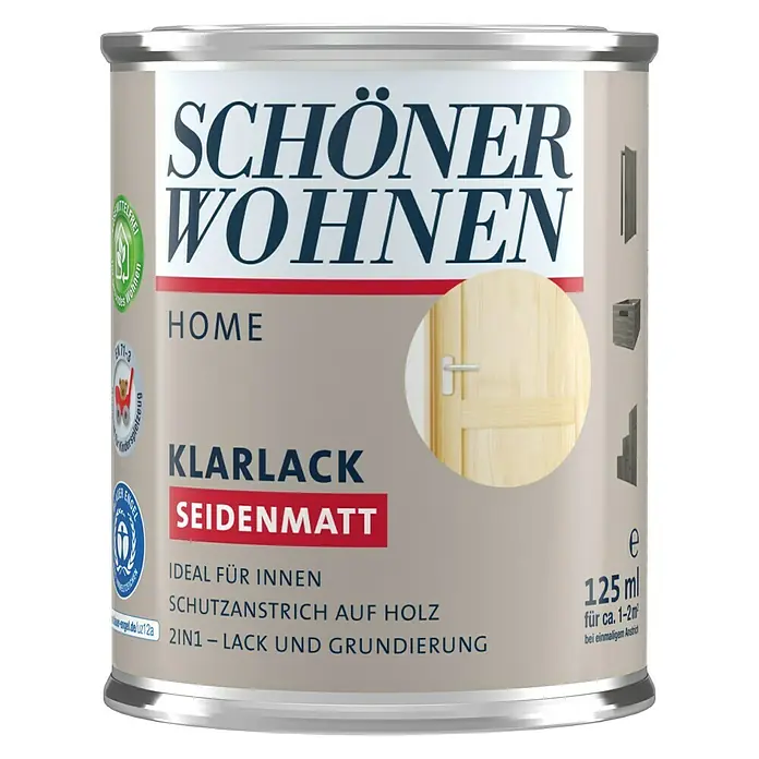 SCHÖNER WOHNEN-Farbe Home Klarlack - Farblos, Seidenmatt, 125 ml, Wasserbasiert - Dose Schöner Wohnen Home Klarlack Seidenmatt für Innenanwendungen und Holzschutz, 125ml für ca. 1-2m².