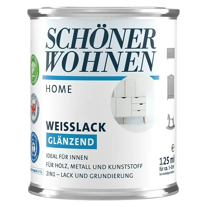 SCHÖNER WOHNEN-Farbe Home Weißlack - Weiß, Glänzend, 125 ml, Wasserbasiert - Dose Schöner Wohnen Home Weisslack glänzend, ein weißer Lack für Holz, Metall und Kunststoff, ideal für Innenräume.