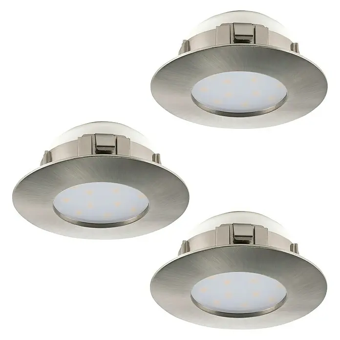 Eglo LED-Einbauleuchten-Set rund Pineda - 18 W, Ø x H: 7,8 x 3,5 cm, Nickel matt, 3 Stk., Warmweiß - Drei Einbauleuchten mit gebürstetem Nickel-Finish und LED-Beleuchtung für moderne Innenräume.