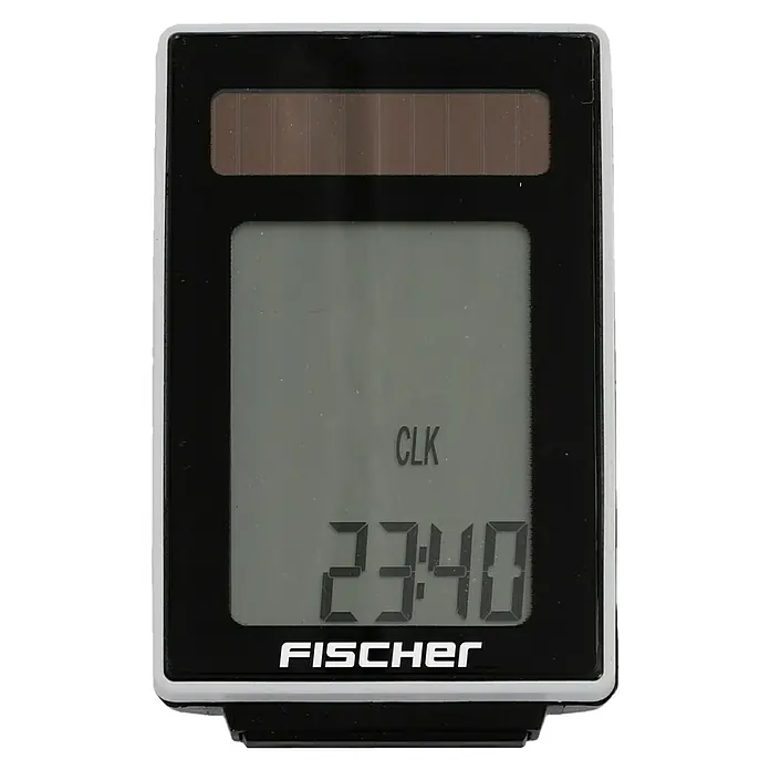 Fischer Fahrradcomputer - Solarzelle, Funkverbindung, Geeignet für: Alle Fahrradgrößen - Digitaluhr der Marke Fischer mit Solarpanel und Anzeige der Uhrzeit 23:40.
