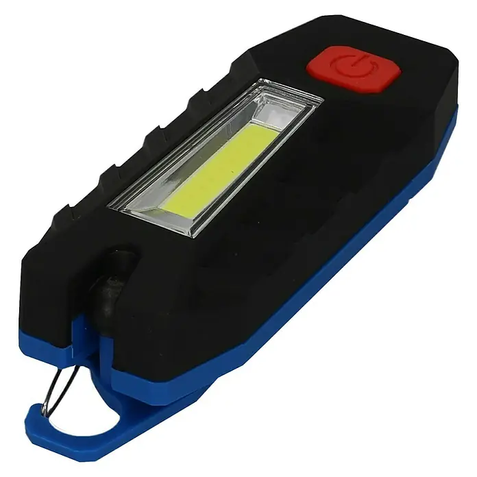 Cartrend Arbeitsleuchte Mini COB - 180 lm - Das Bild zeigt eine schwarze Arbeitsleuchte mit blauem Rand und einem roten Knopf. Die Leuchte ist eine COB-LED und wird mit einem Haken geliefert.