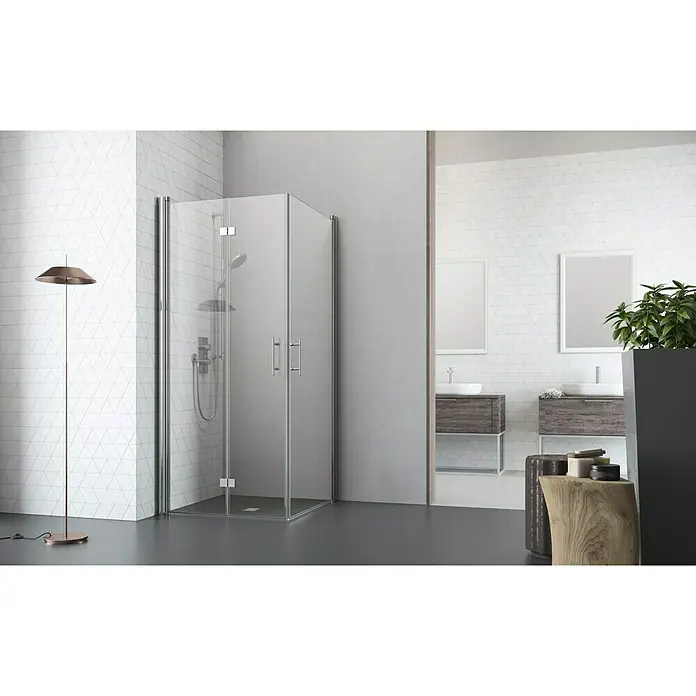 Camargue Vario Eckdusche S3+S54 - L x B x H: 90 x 100 x 195 cm, Beschichtet, Silber, Glasstärke: 6 mm - Duschkabine mit klarem Glas und Chrombeschlägen in einem modernen Badezimmer.