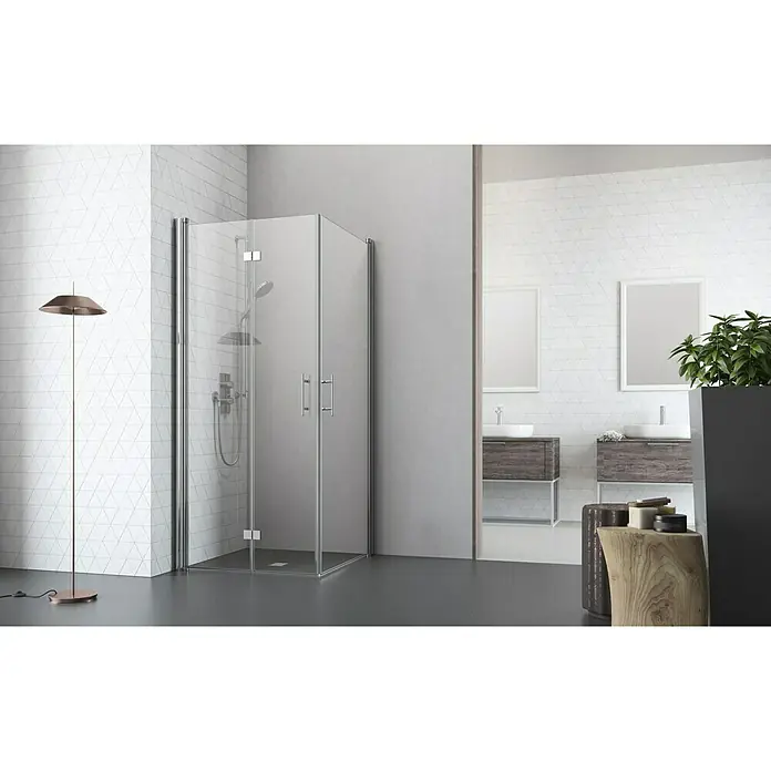 Camargue Vario Eckdusche S1+S52 - L x B x H: 75 x 80 x 195 cm, Beschichtet, Silber, Glasstärke: 6 mm - Badezimmer mit einer modernen Duschkabine aus Klarglas und Chrombeschlägen, die ein elegantes und zeitgemäßes Design bietet.