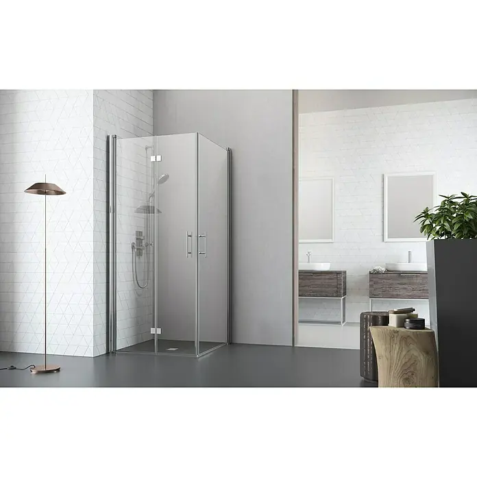 Camargue Vario Eckdusche S3+S52 - L x B x H: 90 x 80 x 195 cm, Beschichtet, Silber, Glasstärke: 6 mm - Duschkabine mit klaren Glaswänden und silbernen Beschlägen in einem modernen Badezimmer. Stilvolles Design für ein elegantes Badeerlebnis.