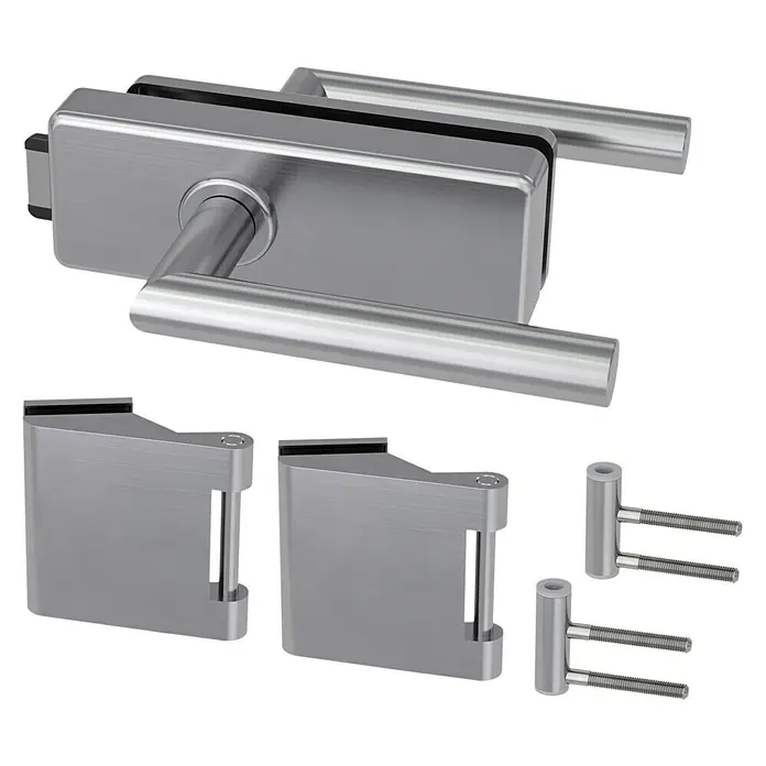Diamond Doors Glastürbeschlag Style Premium UV - Edelstahloptik, Bandbohrung/Bänder: Office 3-teilig, Unverschließbar - Türbeschlagset aus Edelstahl, bestehend aus Türgriff und zwei Glasbefestigungen mit Schrauben. Ideal für moderne Innentüren.