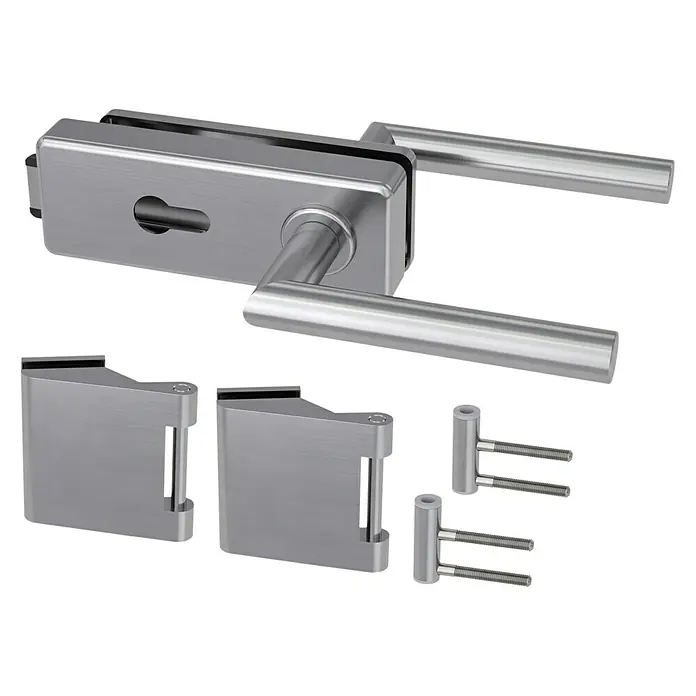 Diamond Doors Glastürbeschlag Style Premium PZ - Edelstahloptik, Bandbohrung/Bänder: Office 3-teilig, Verschließbar - Produktbild von einem Türbeschlagset aus Edelstahl, bestehend aus Türgriff, Schloss und Scharnieren. Perfekt für moderne Türen.