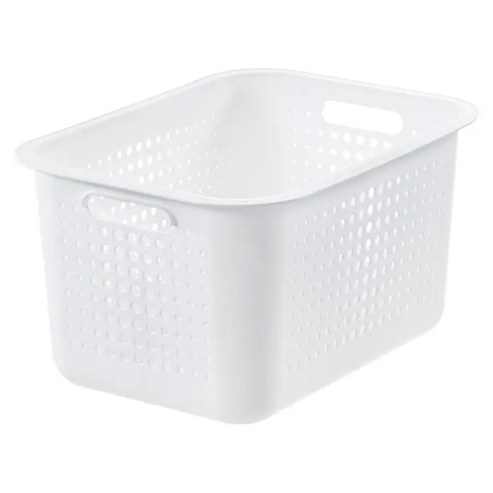 SmartStore Aufbewahrungsbox Basket Recycled 13 - L x B x H: 37 x 28 x 20 cm, Weiß - Weiße Kunststoffbox mit runden Löchern und Griffen zur Aufbewahrung verschiedener Gegenstände. Praktisch und vielseitig.