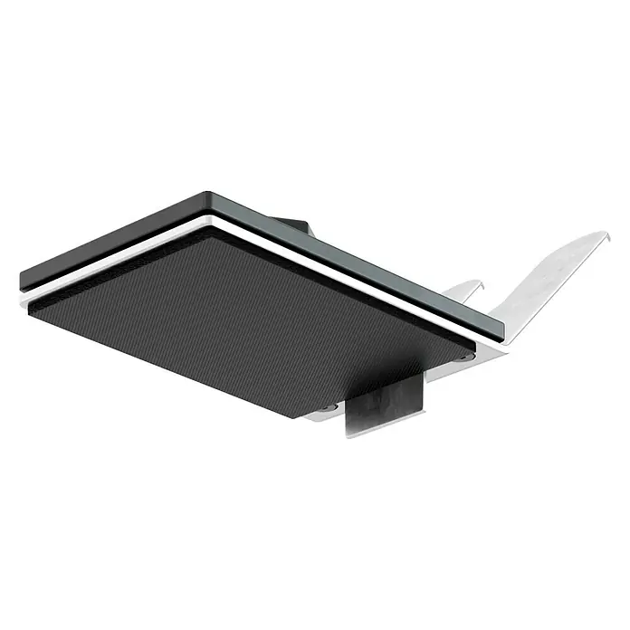Schnellspann Deckenstützen & Türspanner Montagehilfe Gipskartonplatten - Passend für: bis zu 12,5 mm Plattenstärke - Produktansicht eines schwarzen schwebenden Regals mit einer weißen Umrandung und Metallhalterung, das modernes Design und Funktionalität vereint.