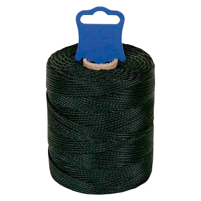 Cordel de albañil 8842 - Ø x L: 1,8 mm x 100 m, Plástico, Negro - Un carrete de cuerda de albañil negra con un mango azul. Ideal para proyectos de construcción y bricolaje.