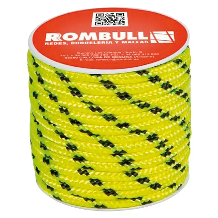 Cuerda - 8 mm x 25 m, Amarillo/Negro - Cuerda amarilla ROMBULL, ideal para redes, cordelería y mallas. Robusta y versátil para diversas aplicaciones.
