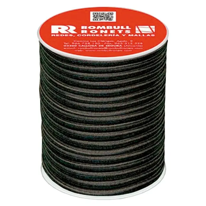 Cordón elástico - Ø x L: 6 mm x 25 m, Otros, Negro - Primer plano de una bobina de hilo Rombull Ronets, ideal para redes, cordelería y trabajos de malla, presentado con detalle.