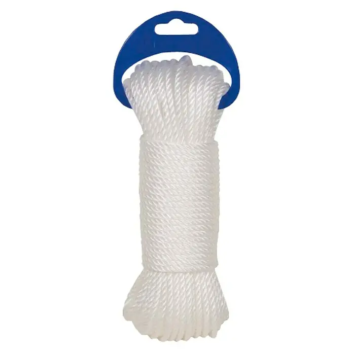 Cuerda 4343 - 4 mm x 10 m, Plástico, Blanco - Esta imagen muestra una cuerda blanca enrollada de forma pulcra, suspendida de un colgador azul. Ideal para el hogar y el bricolaje.