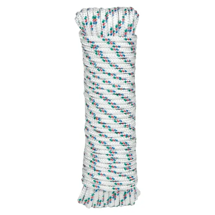 Cuerda 4243 - 4 mm x 20 m, Plástico, Blanco/Verde - Una cuerda blanca enrollada con detalles en rojo, azul y verde. Ideal para diversas aplicaciones interiores y exteriores.