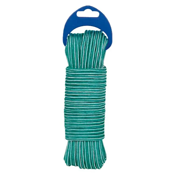 Cuerda 4243 - 4 mm x 10 m, Plástico, Verde - Un rollo de tendedero trenzado turquesa y blanco con colgador, ideal para uso en exteriores.