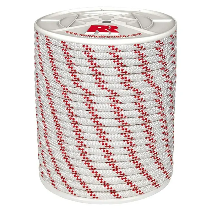 Cuerda - 6 mm x 25 m, Rojo/Blanco - Primer plano de un carrete de cuerda blanca con un patrón de zigzag rojo, perfecto para diversas aplicaciones.