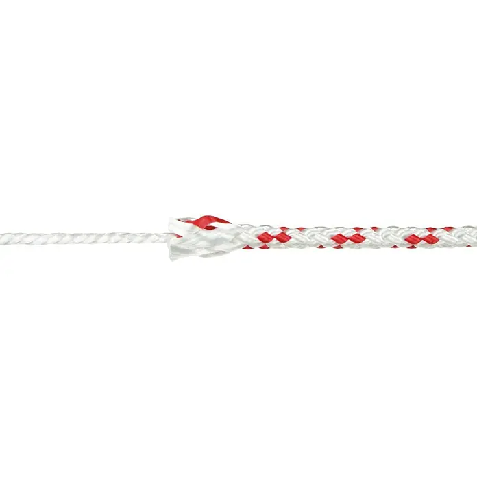 Cuerda - 6 mm x 25 m, Rojo/Blanco - Primer plano de una cuerda blanca con detalles en rojo sobre una superficie negra. Ideal para equipo de escalada.