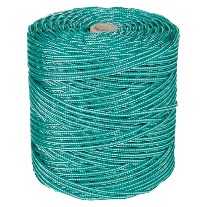 Cuerda 4243 - 4 mm x 15 m, Plástico, Verde - Primer plano de un carrete de cordón trenzado verde azulado y blanco, ideal para diversas aplicaciones artesanales y al aire libre.