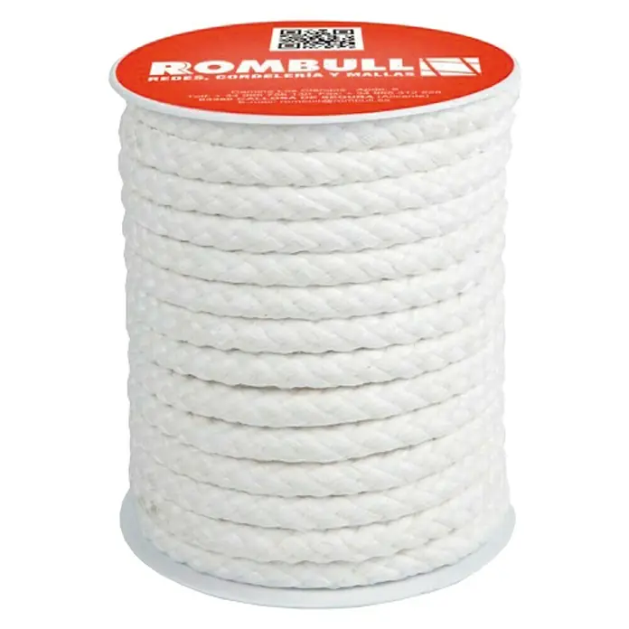 Cuerda de algodón - 10 mm x 25 m, Textil, Blanco - Primer plano de un carrete de cuerda blanca ROMBULL, ideal para diversas aplicaciones.