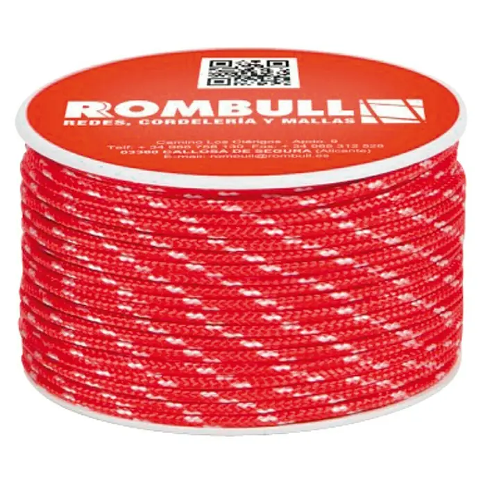 Cuerda fantasía - 4 mm x 60 m, Poliéster, Rojo, Carga soportada: 90 kg - Primer plano de un carrete de cuerda ROMBULL roja y blanca, ideal para diversas aplicaciones y proyectos.