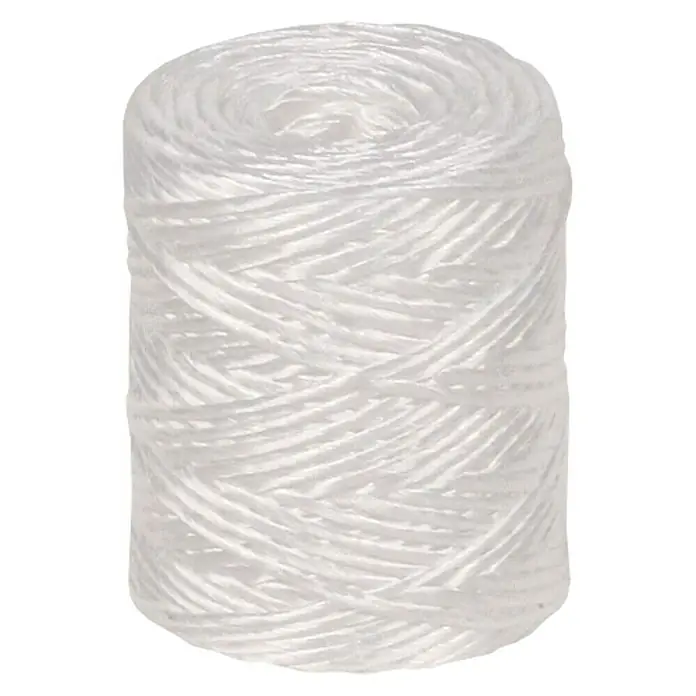 Cuerda 700 gr - 1,7 mm x 420 m, Materiales naturales, Blanco, Carga soportada: 12 kg - Primer plano de una bobina de hilo blanco, perfectamente enrollada y lista para diversos proyectos de costura y manualidades.