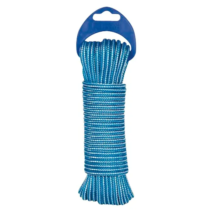 Cuerda 4243 - 4 mm x 15 m, Plástico, Azul - Cuerda trenzada de polipropileno azul y blanco con colgador, ideal para el hogar, el jardín y el camping.